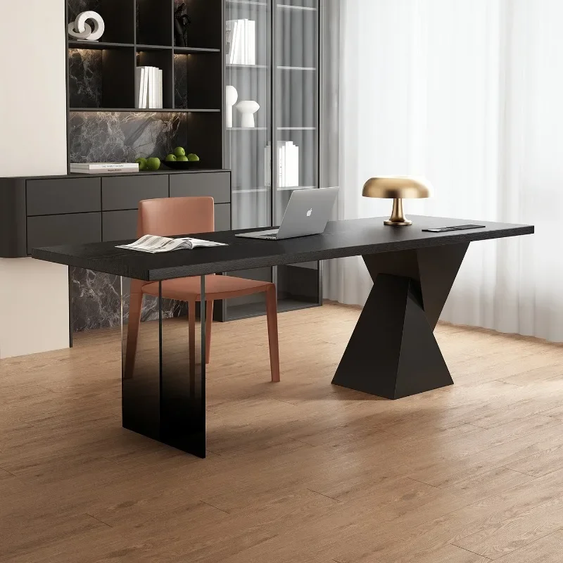 Black solid wood desk with socket, minimalist living room study workbench, office computer desk