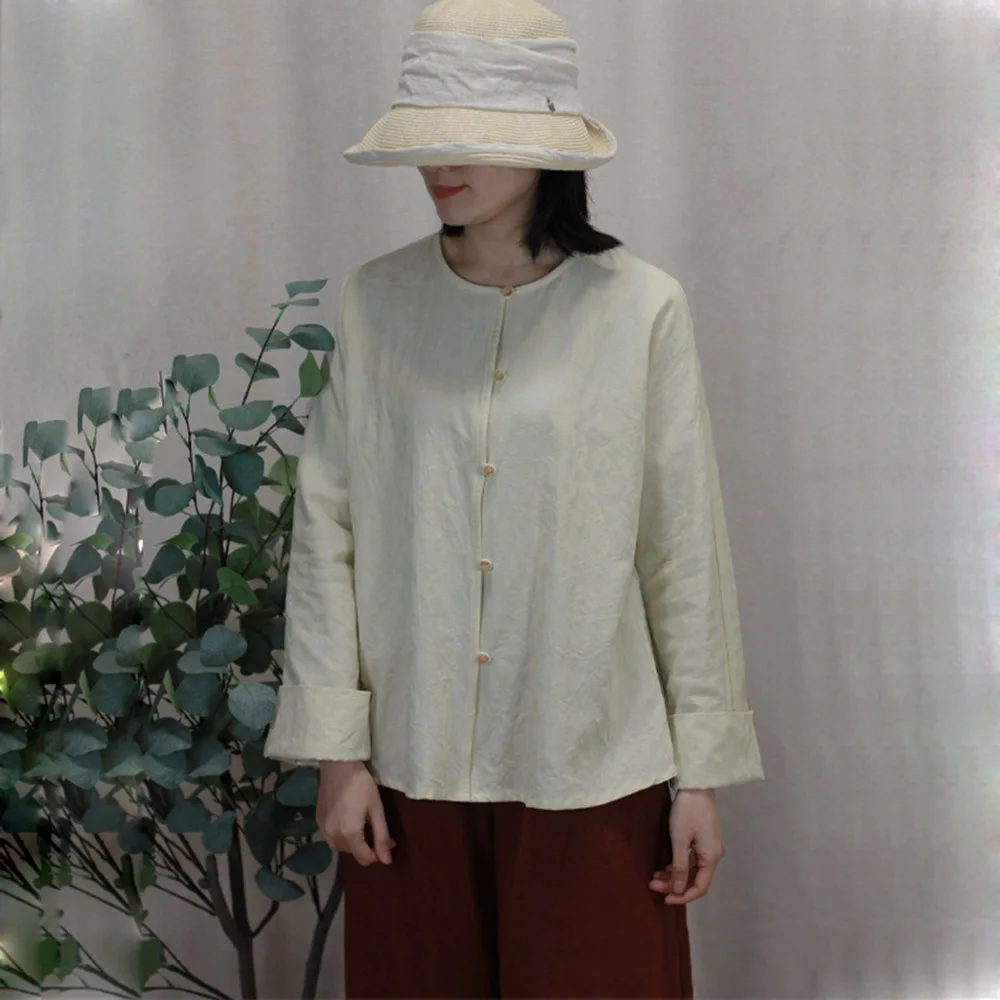 

Women's Lightweight Tencel Jacquard Cotton Button Shirt Long-Sleeved Cardigan Round-Neck Casual Retro Top Blouse Spring Summer