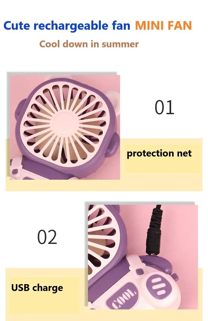 2024 Summer New Mini Fan USB Handheld Rechargeable Student Portable Wind Super Quiet Cute Desktop Bed Outdoor Gift
