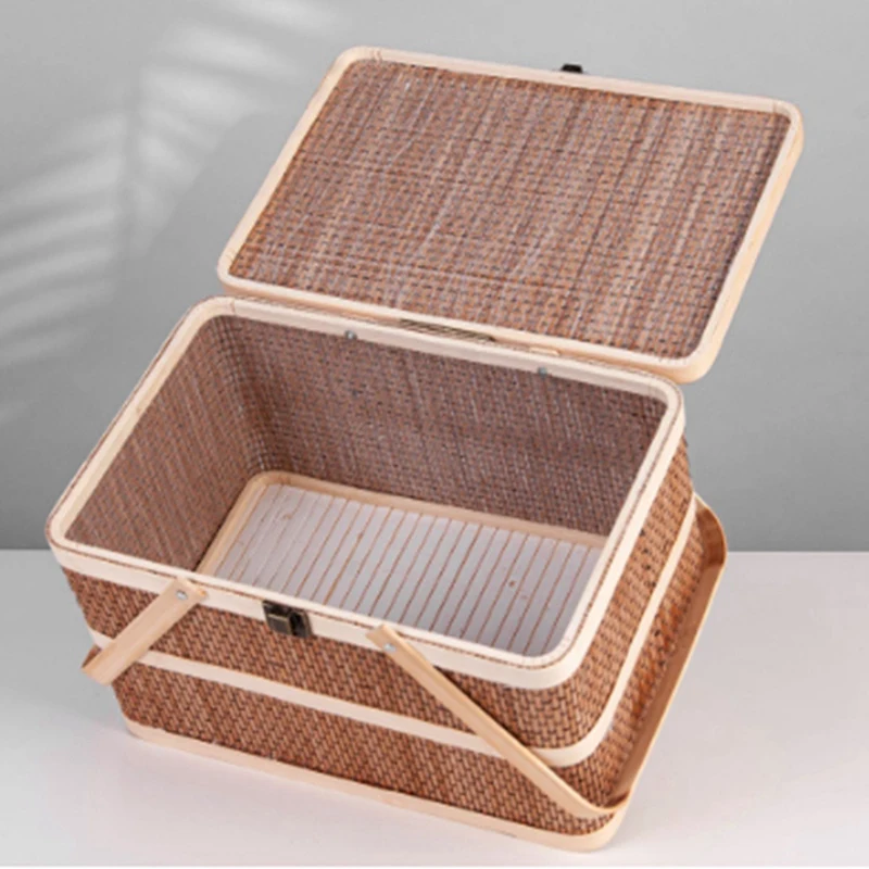 Woven Baskets Bamboo Portable Picnic Fruits Natural Holder Lid Bread Zongzi Organizer Durable