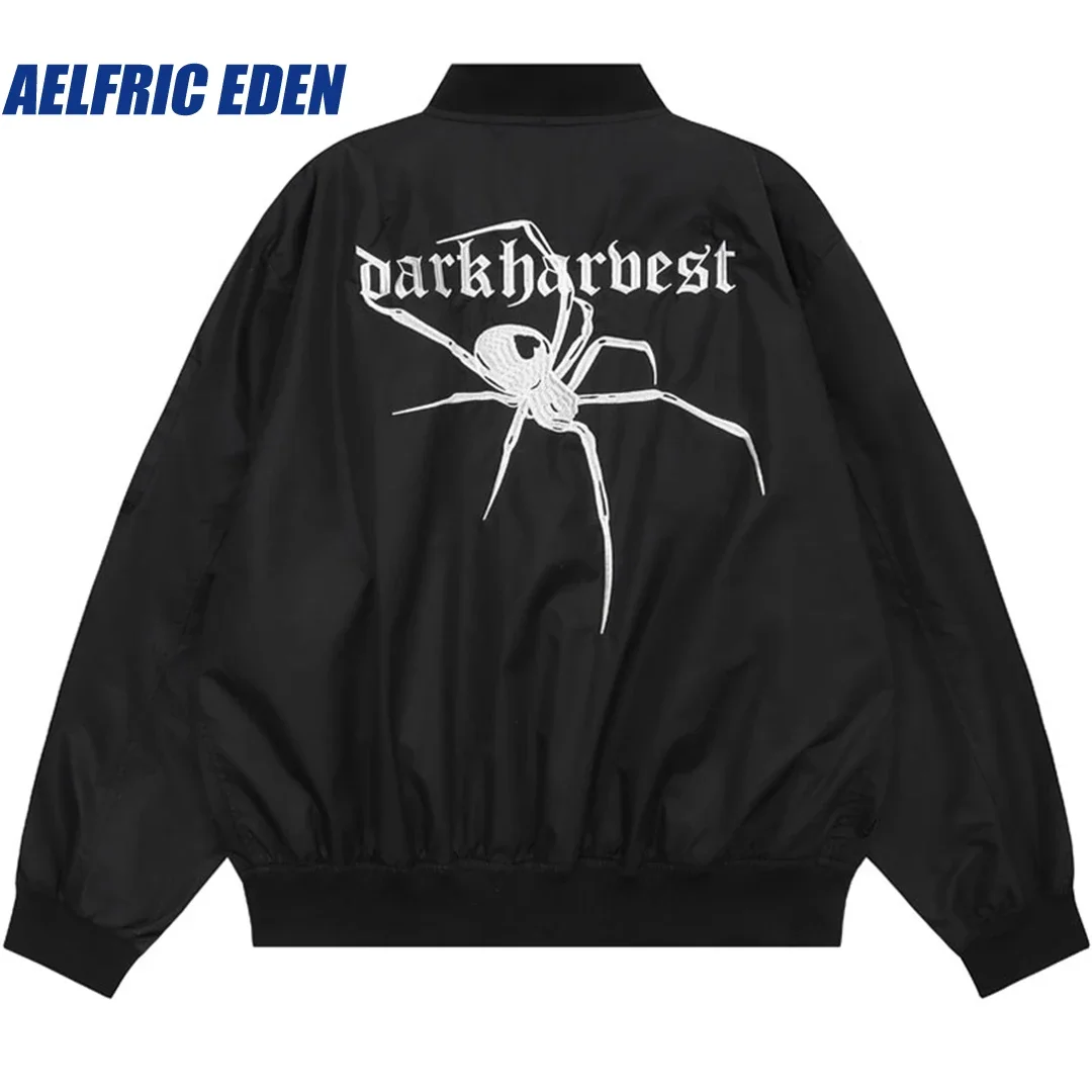 

Aelfric Eden Embroidered Spider Web Baseball Bomber Windbreaker Vintage Black Bomber Jacket Y2K American Jackets Hip Hop Coats