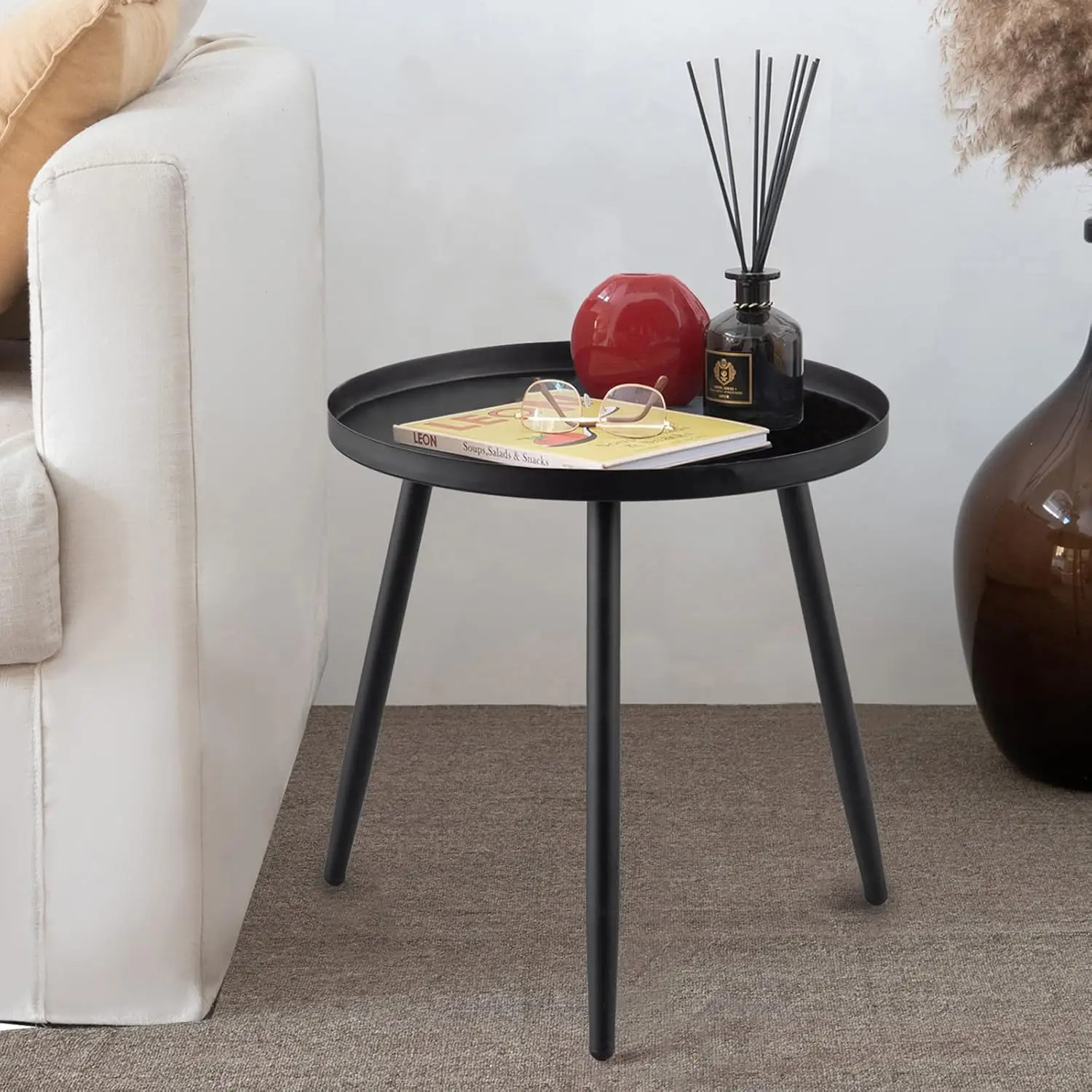 Accent Side / End Table, Waterproof Metal Structure, Great for Living Room, Bedroom, Indoor & Outdoor, Matte Black Tray Surface