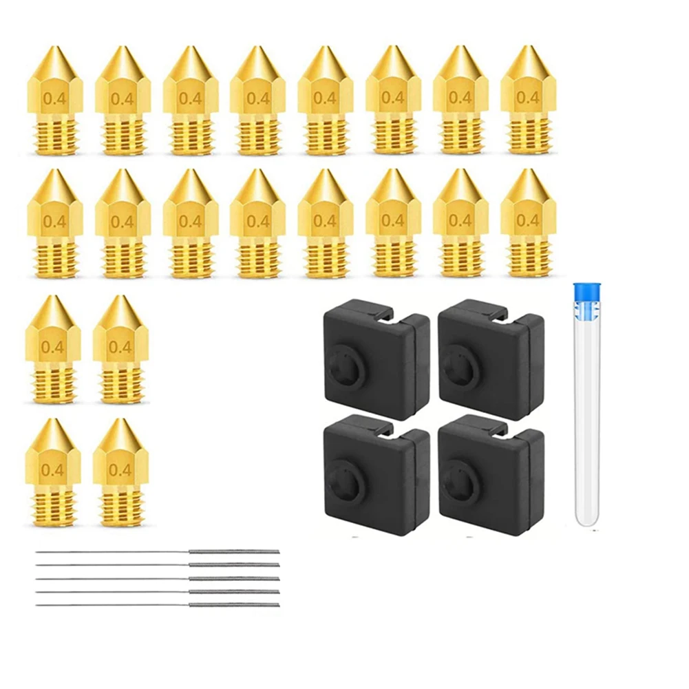 3D Printer Nozzles 0.4MM MK8 3 Nozzles 20 Pcs with 4Pcs Heater Block Silicone Covers,for 3 V2 with 5 Needles