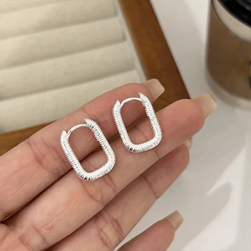PANJBJ 925 Sterling Silver Geometry Earrings For Women Texture Minimalism  Design Fashion Simplicity Jewelry Party Gift