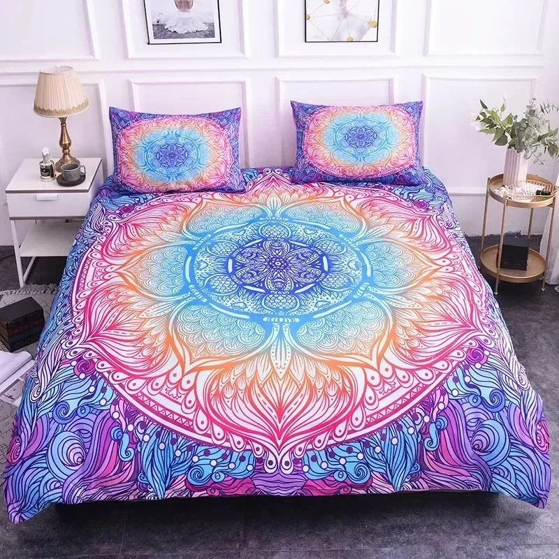 Mandala Duvet Cover Set King Size Lotus Flower Blue Purple Pink Bedding Set Bohemian Mandala Style Soft Polyester Quilt Cover