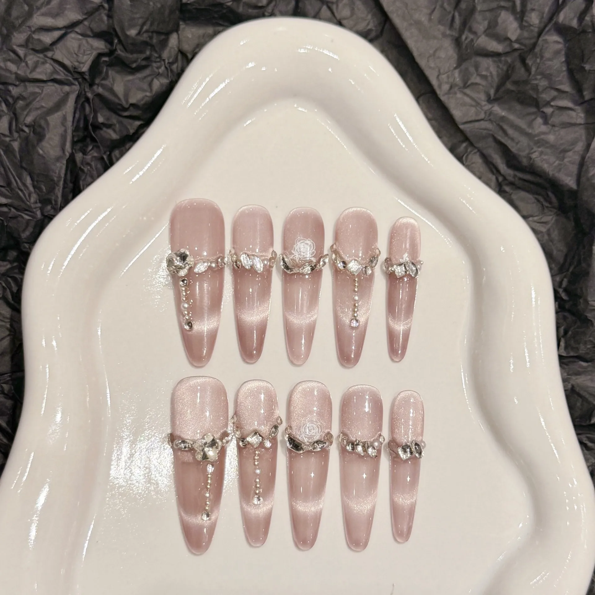 10PCS Handmade Press on Nails, Fairy and gentle wind, gradually exposed, full of high level sense of flash drill chain.