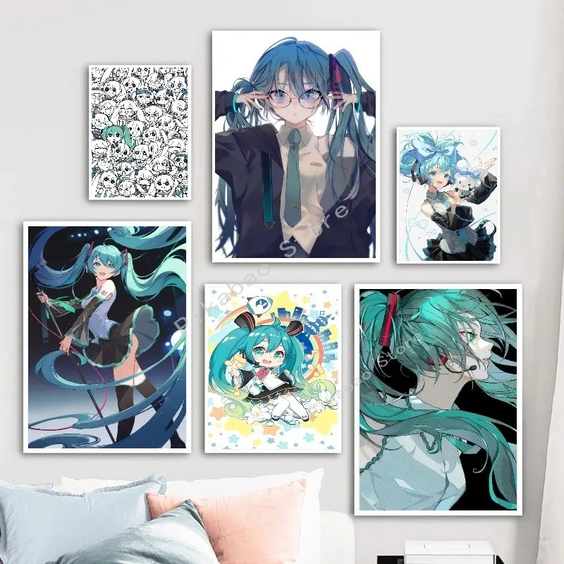 H-Hatsune Anime Miku-Poster Cartoon beautiful girl Anime Canvas Print Poster Poster Wall Art Decoration For Home Room Decoration