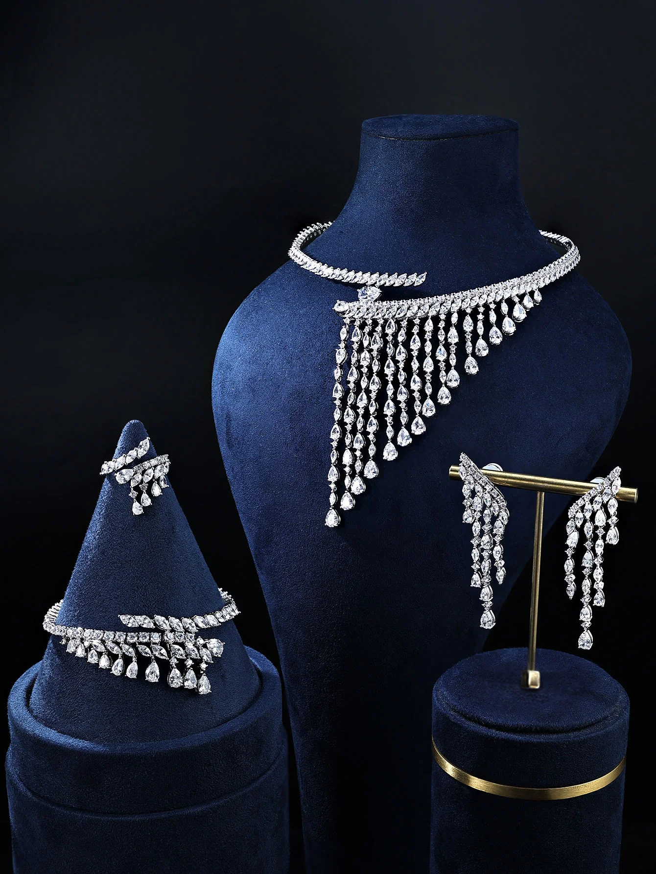 

4Pcs Bridal Crystal Tassel Jewelry Set, Silver Teardrop Rhinestone Necklace Dangle Earrings Bracelet Ring, Sparkly Wedding Prom