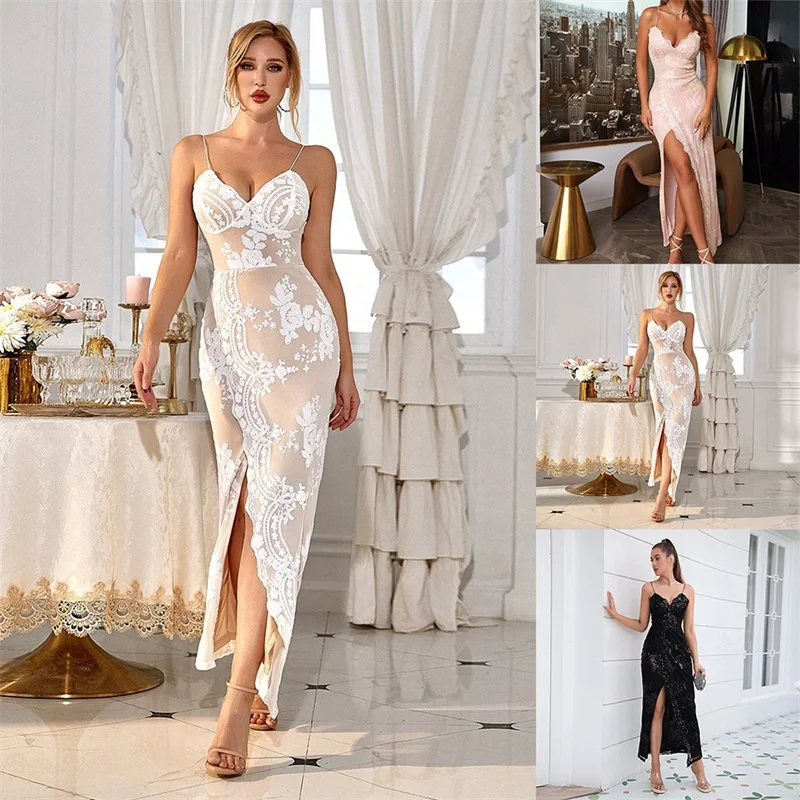 

Shiny Summer Women Prom Dress Sequins Embroidered Cross Slit Backless Camisole Formal Evening Party Gown Sexy Sheath Robes