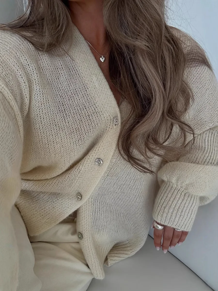 Cardigan women sweater 2026 new fashion autumn mohair V-neck cut-out cardigan buckled lantern sleeve sweater coat clothing
