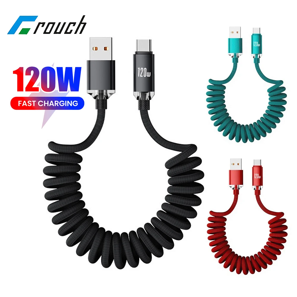 120 واط سيارة الربيع كابل بيانات قابل للسحب USB C إلى نوع C كابل شحن سريع آيفون 15 16 سامسونج شاومي USB نوع C كابل