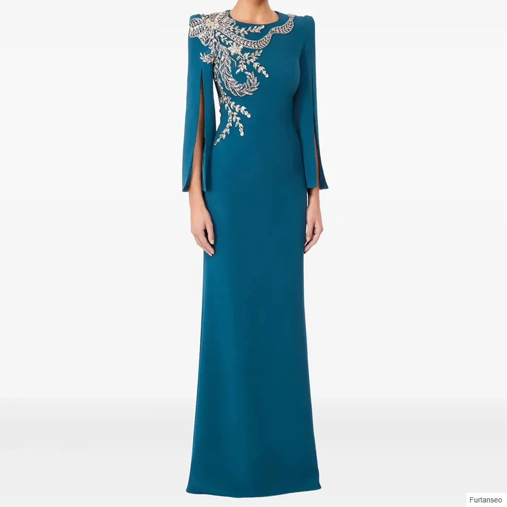 

A-line Women's Evening Dresses Floor-length O-neck Full Sleeve Prom Gown Fashion Crystal Simple Draped Exquisite Customized Gown