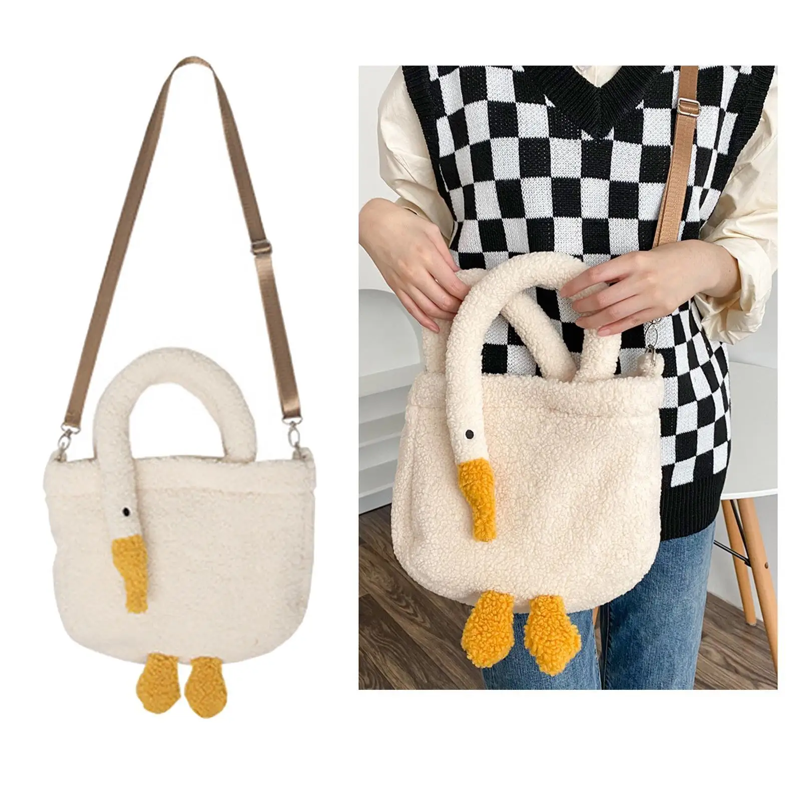 Duck Shoulder Bag for Girl Women Japanese ins cute Lamb plush Big Goose feather Tote bag girl Funny Handbag