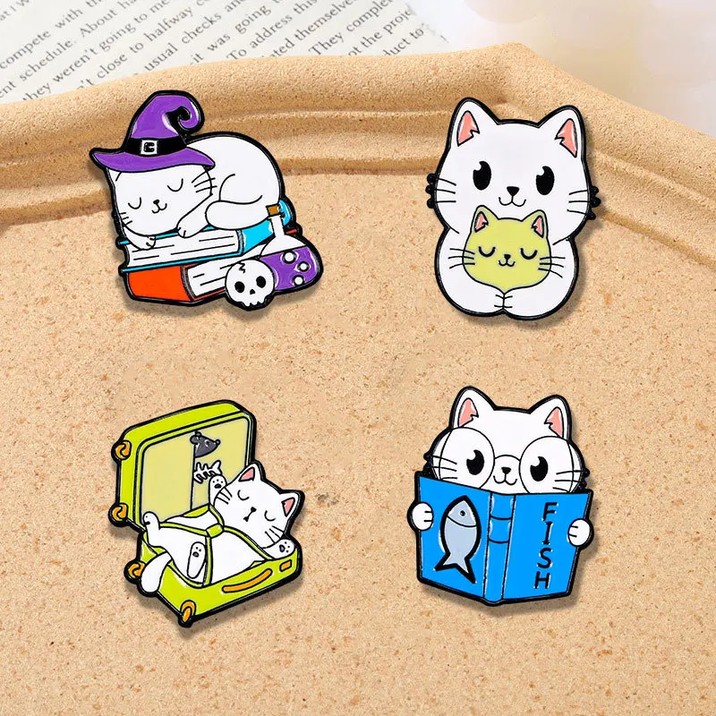 Creative cartoon cat brooch, sleeping, drinking, reading, cute, personalized accessories, clothes, bags, badges