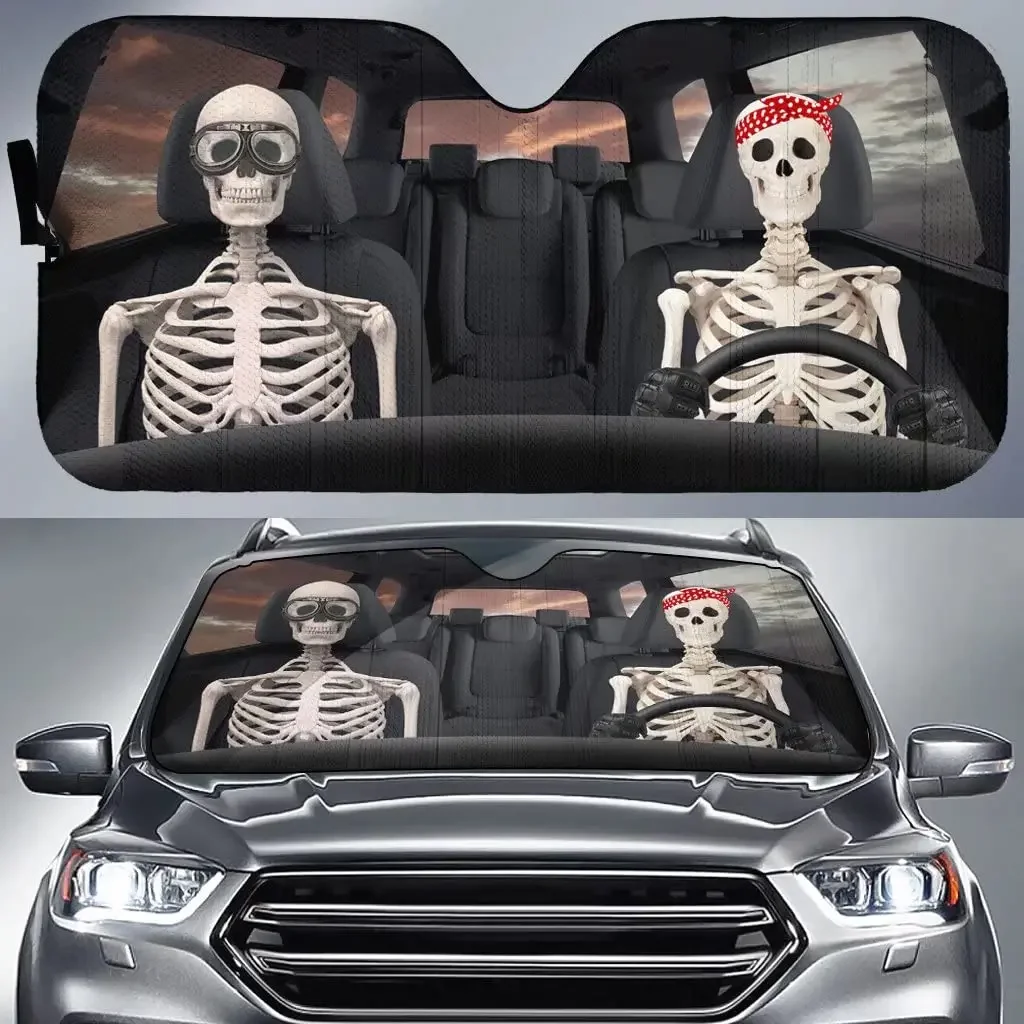 Skull Human Driver Car Sunshade for Windshield,Couple Skeleton Foldable Sunshield Automotive Sun Shade Halloween Protector Vehic