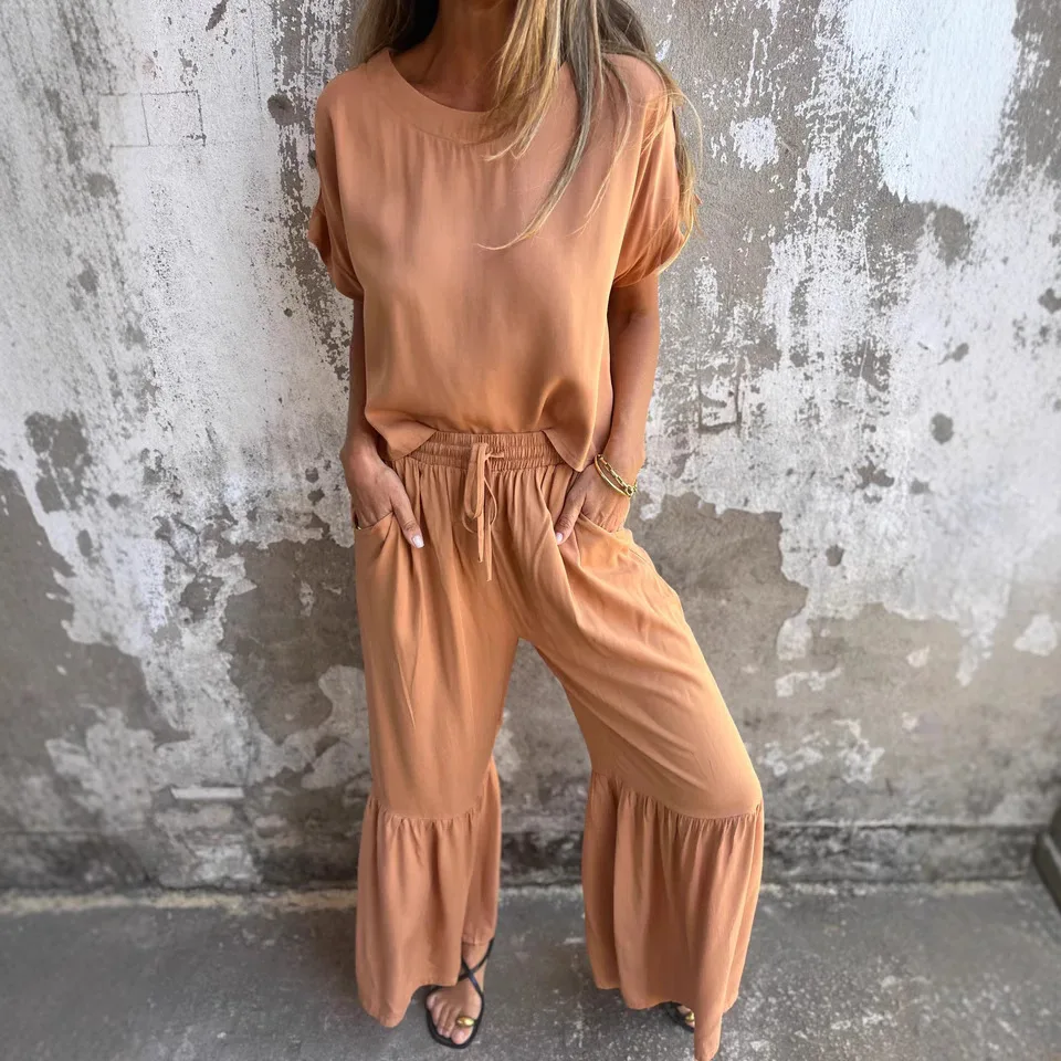 

Women's Short-sleeved Top 2-piece Set, O-neck Pullover, Elastic Waist Trousers, Frilled Stitched Cuffs, Suitable For Daily Wear