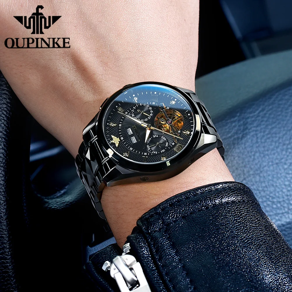 ساعات رجالية من OUPINKE من أفضل العلامات التجارية الفاخرة من الفولاذ التنغستن الأصلي ساعة ميكانيكية أوتوماتيكية للرجال حركة دولاب الموازنة مقاومة للماء #5