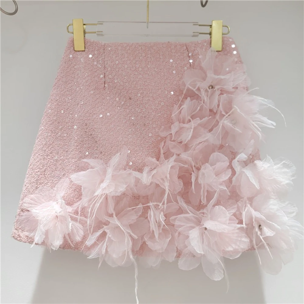 GALCAUR sólido empalmado 3D flores falda básica femenina de cintura alta adelgazante Casual faldas cortas de mujer otoño nuevo estilo de moda