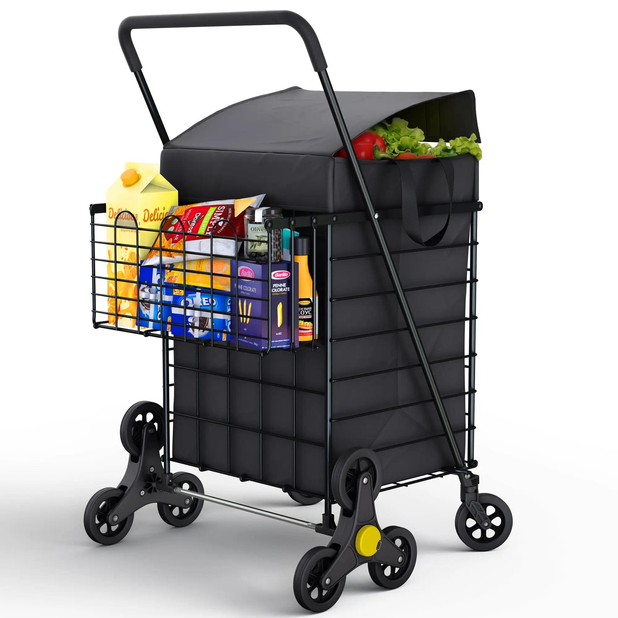 Stairs Climbing Shopping Cart w/Waterproof Basket Liner & 360° Swivel Wheels | Foldable Collapsible & Lightweight