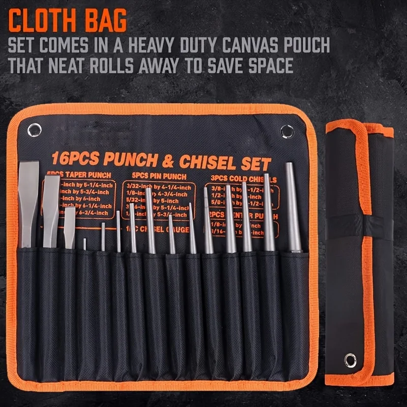 16pcs Punch and Chisel Set Taper Punch Pin Punch Cold Chisel Gauge CR-V Chisel Bits Portable Hexagonal Shank Fitter Tool Kit
