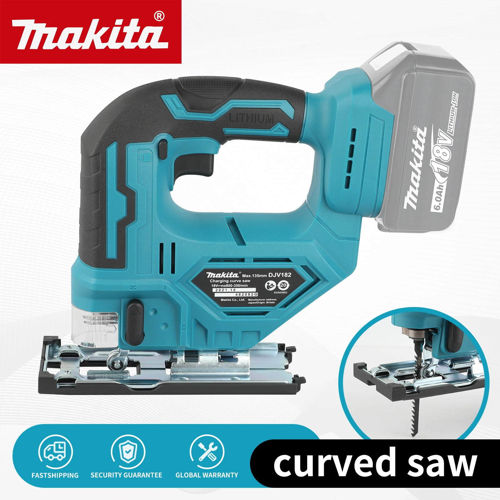 

Makita DJV182Z Беспроводная 18 В литиевая батарея Перезаряжаемая электрическая лобзик Кривая пила Деревообрабатывающая многофункциональная пила для резки