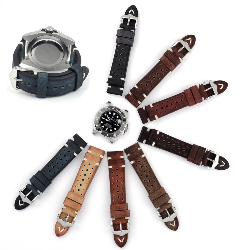 خمر تلوين جلد طبيعي حزام الساعات مسامية تنفس اليدوية خياطة Wirstband 20 مللي متر 22 مللي متر 24 مللي متر حزام ساعة اليد للرجال #3