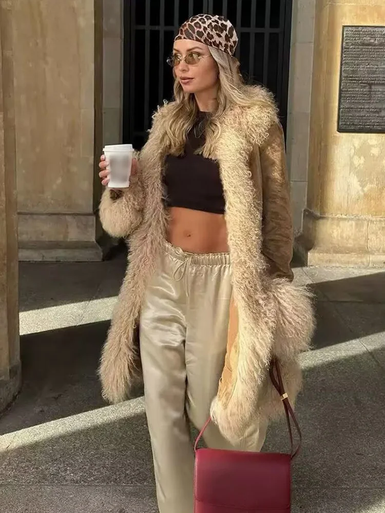 HH Woman Winter Fashion Splicing Faux Fur Effect Decoration Medium Length Coat Female Casual Loose Long Sleeves Street Overcoat