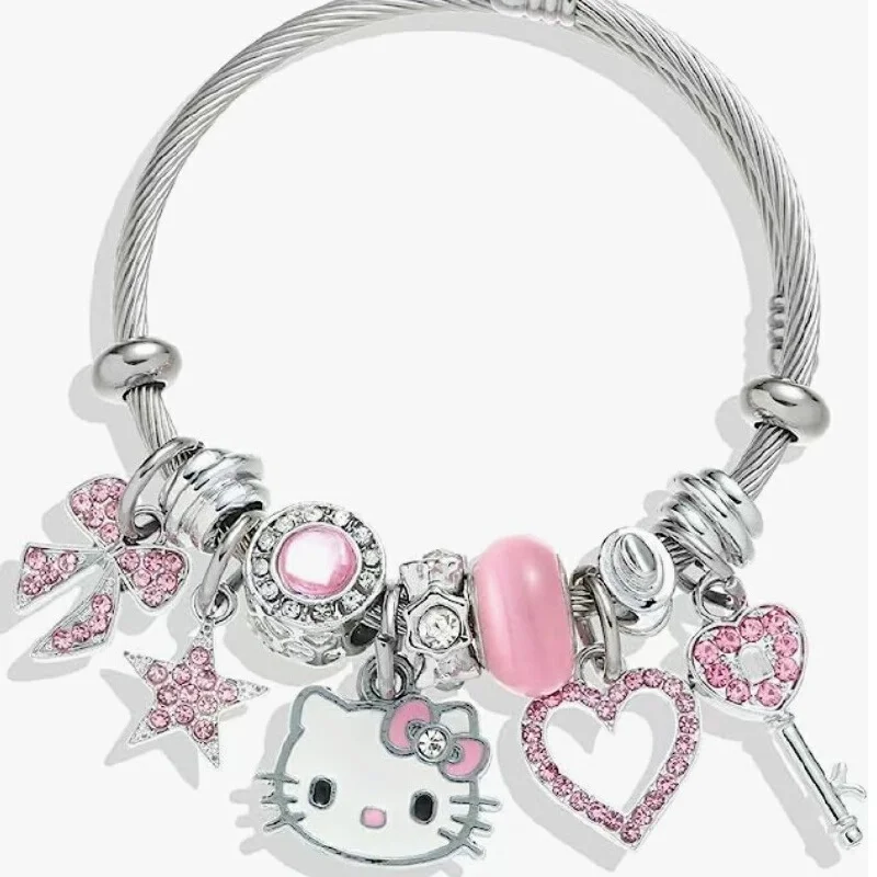 2024 nuevo párrafo Miniso Hello Kitty pulsera con colgante de cuentas joyería de dibujos animados de Anime Color plata adecuado para regalo de niñas