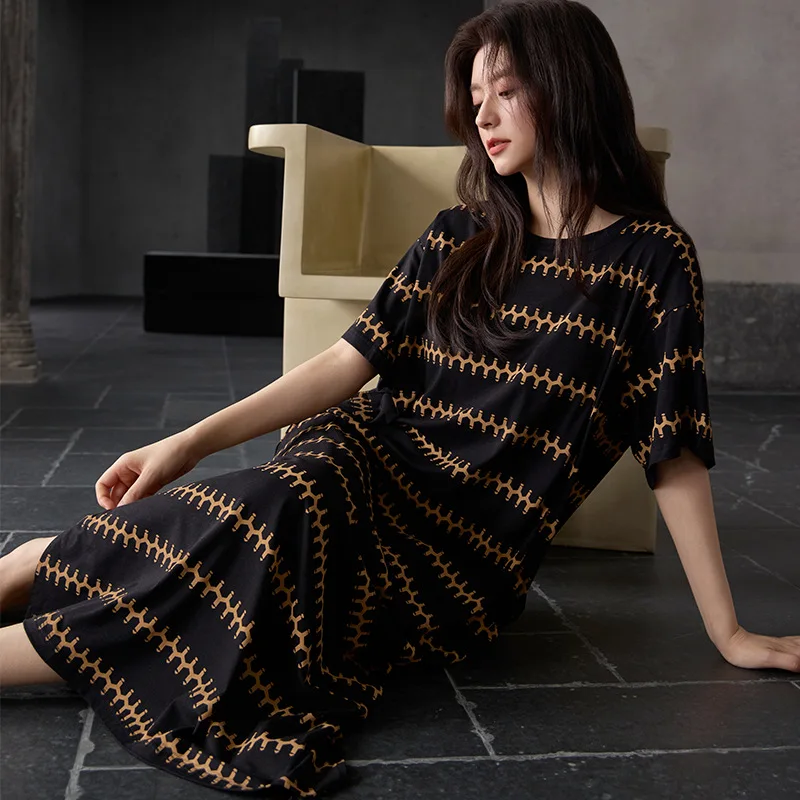 Summer Cool Modal Short-sleeved Medium and Long Nightgown Women's Striped Casual Thin Youth Loungewear with Chest Pads