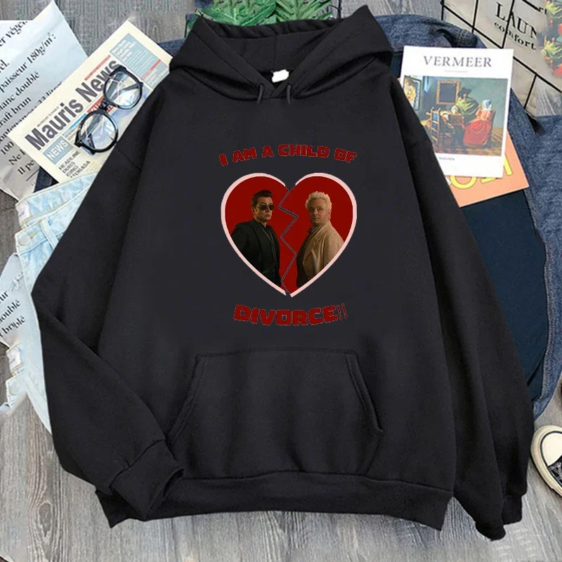 Good Omens I am a child of divorce Hoodies Cartoon Graphic Printing Sweatshirt with Hooded Comfortable Women/Men Pullovers Tops