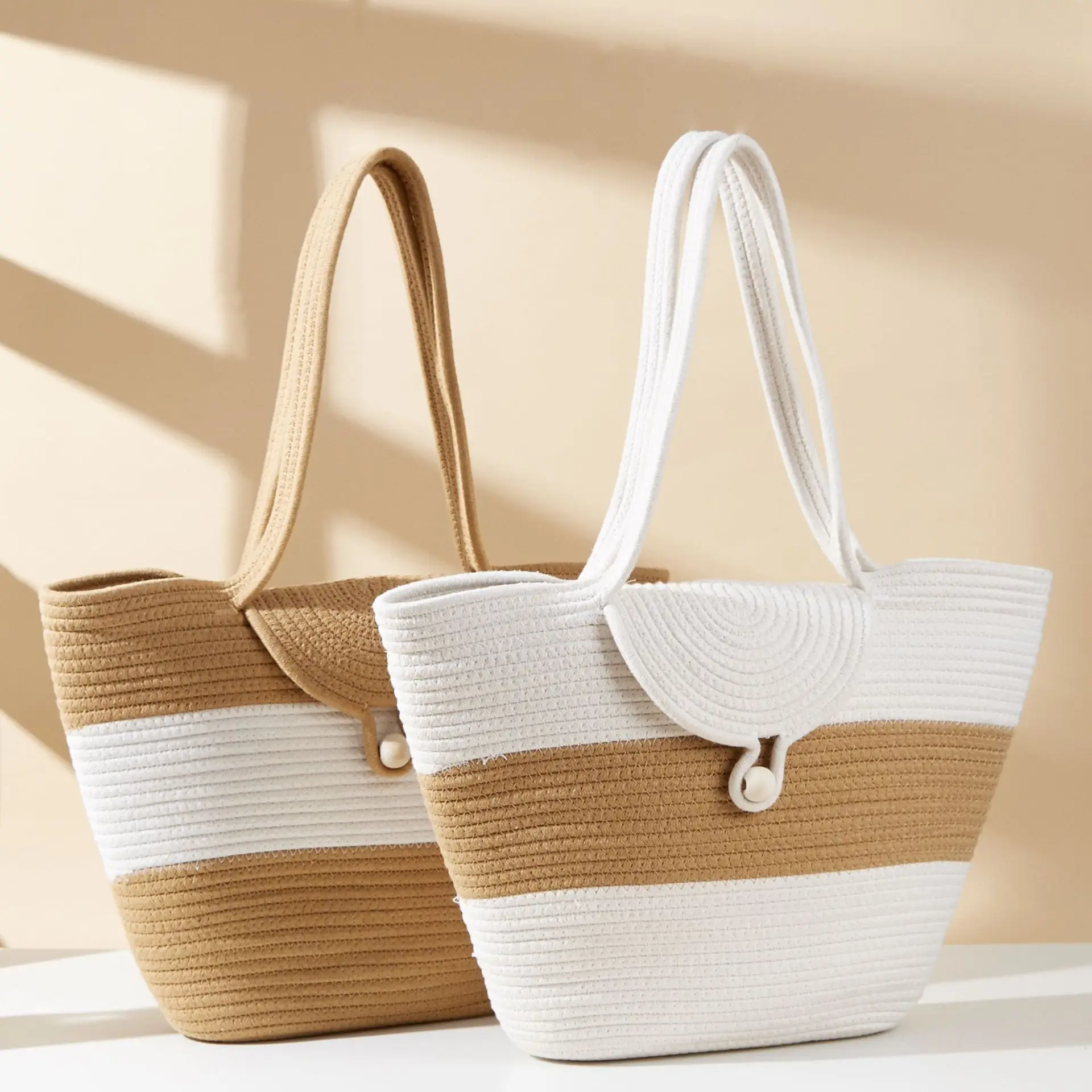 Handmade Woven Cotton Rope Handbag Larger Capacity Soft Tote Bag Travel Vacation Gentle Style Striped Weave Bag Women Craft Bags
