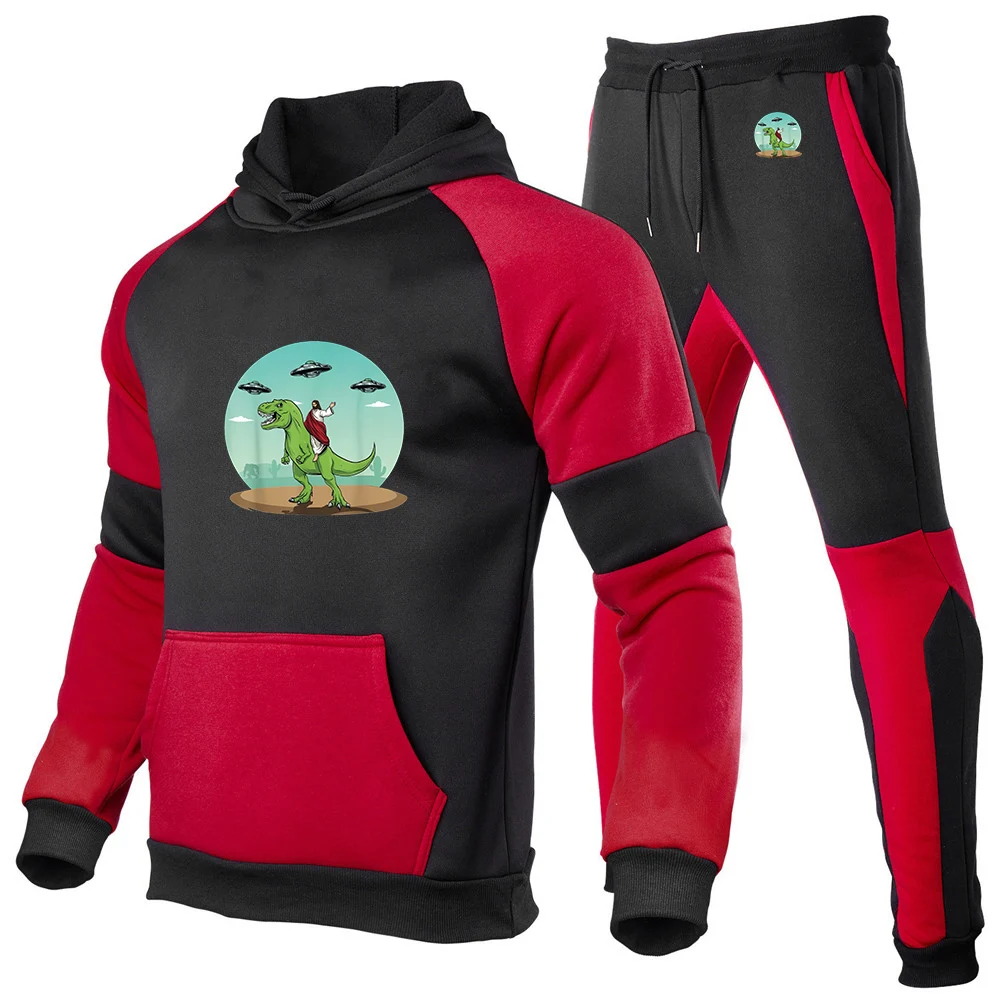 2025 Men's Spring And Autumn Dinosaur Jesus Logo Print Color Blocking Designer Eye-catching Sweatshirt Hoodies Pants Suits