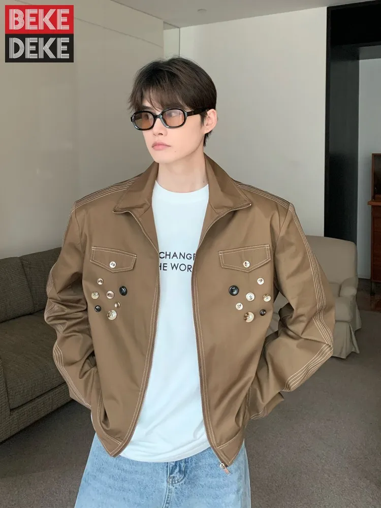 

Spring New Men Loose Fit Jacket Buttons Side Striped Outerwear Coat Designer Male Shoulder Padded Lapel Collar Vintage Jackets