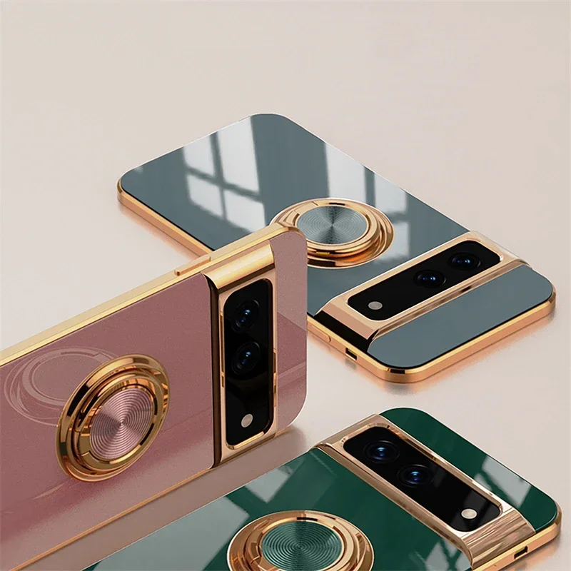 Luxury Plating Silicone Shockproof Phone Case for Google Pixel 10 9 Pro XL 9A 8 7 6 A Metal Ring Magnetic Holder Soft Back Cover