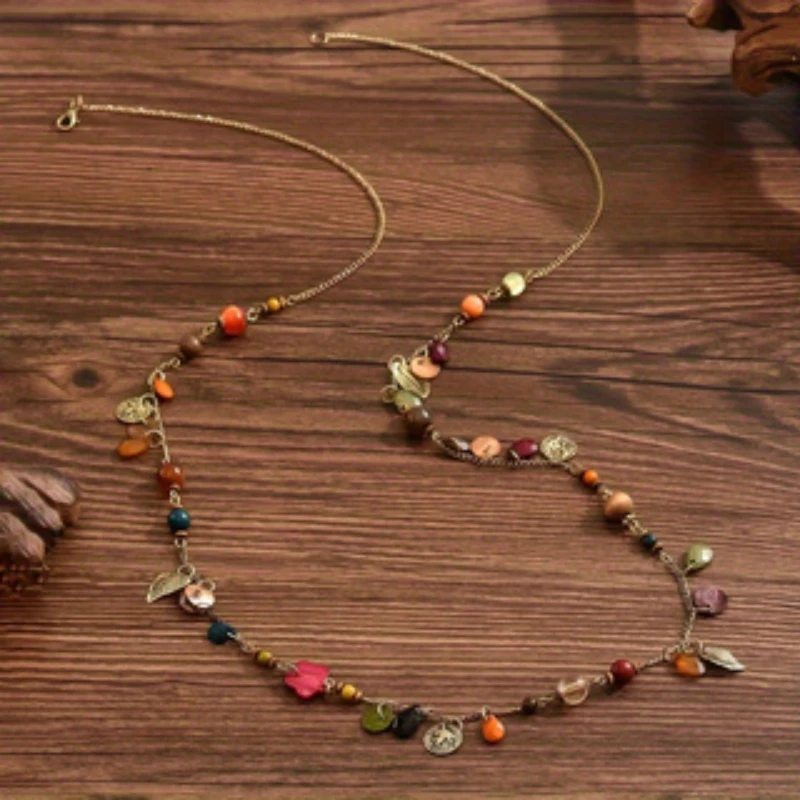 Vintage Ethnic Style Round Bead Tree Leaf Tassel Long Necklace Ladies Bohemian Niche Holiday Jewelry Accessories Gift