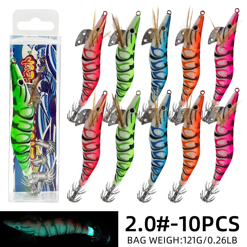 ShareShark 10 stks/partij Vissen Hout Garnalen Lichtgevende Inktvis Octopus Lokken 3D Ogen Lokken Harde Aas Vissen Gereedschap