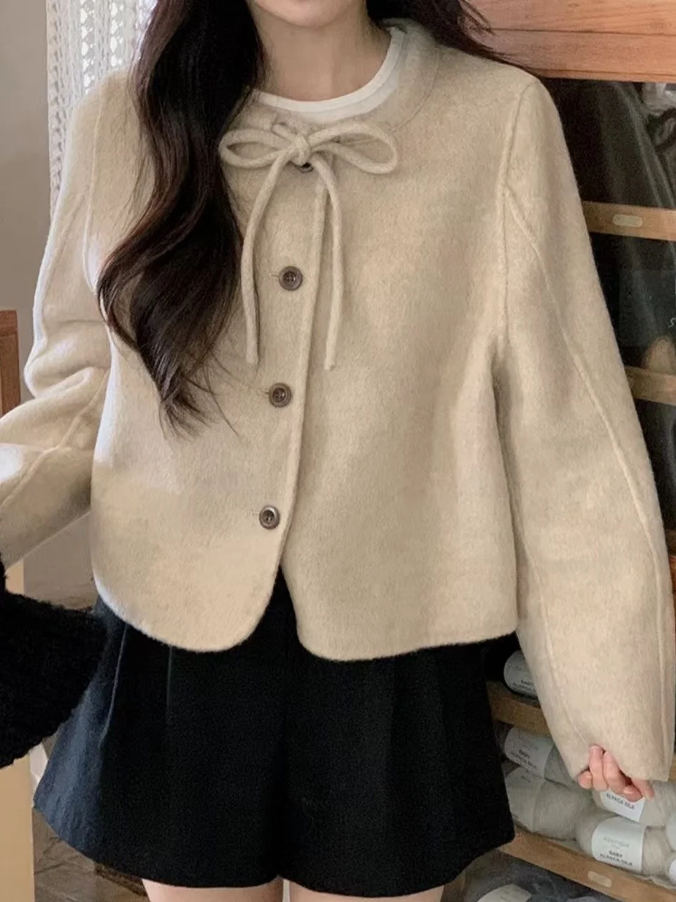 

Korean Style Knotted Woolen Coat Women's Short round Neck Design Sweet Trendy Outerwear Winter New Arrival