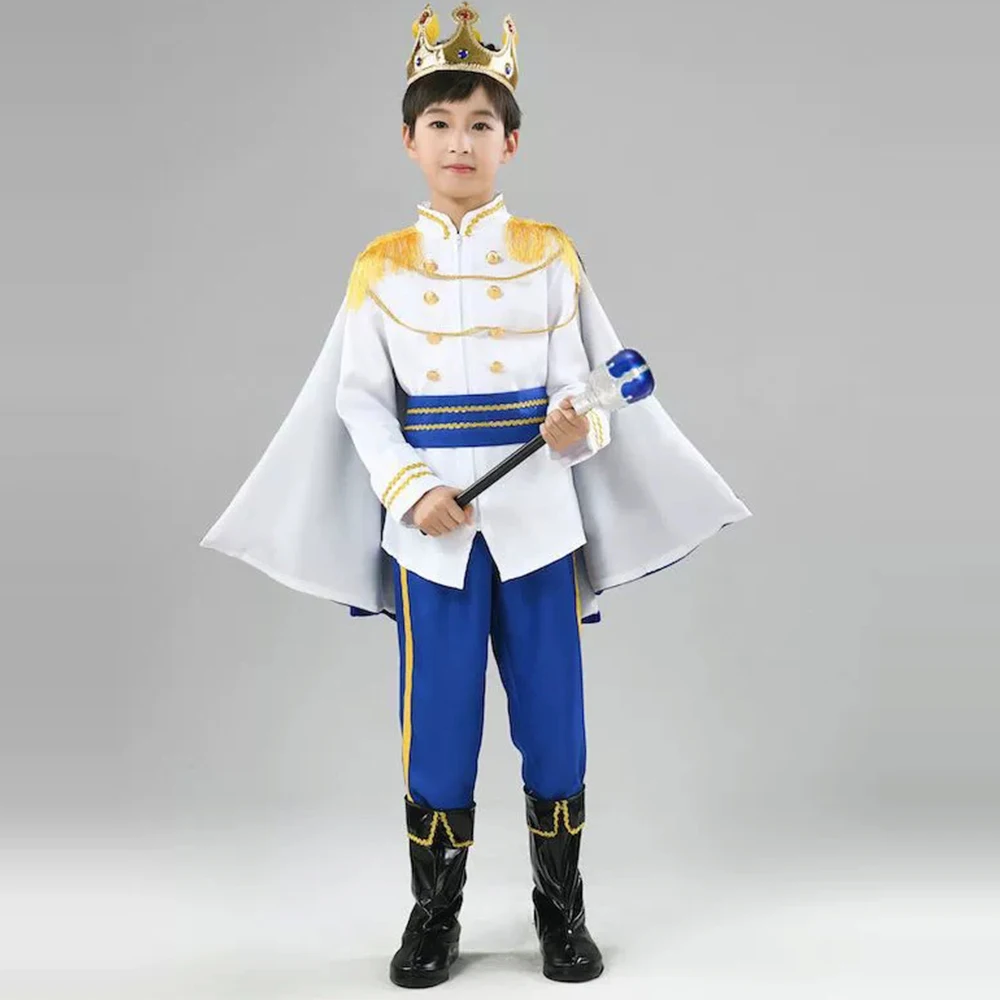 2025Children's The King Prince Cosplay Costume Halloween Carnival Boys 7 Piece Prince Crown Scepter Cloak Royalty Suit Clothing