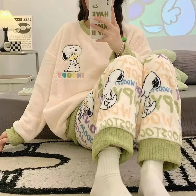 Disney Snoopy Lotso cute cartoon women's pajamas winter coral velvet thickened kawaii fashion home wear set birthday gift