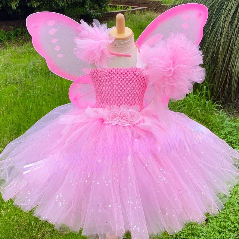 Girls Pink Fairy Dress Kids Glitter Tutu Flower Dresses with Wing and Stick Hairbow Children Birthday Halloween Party Costumes