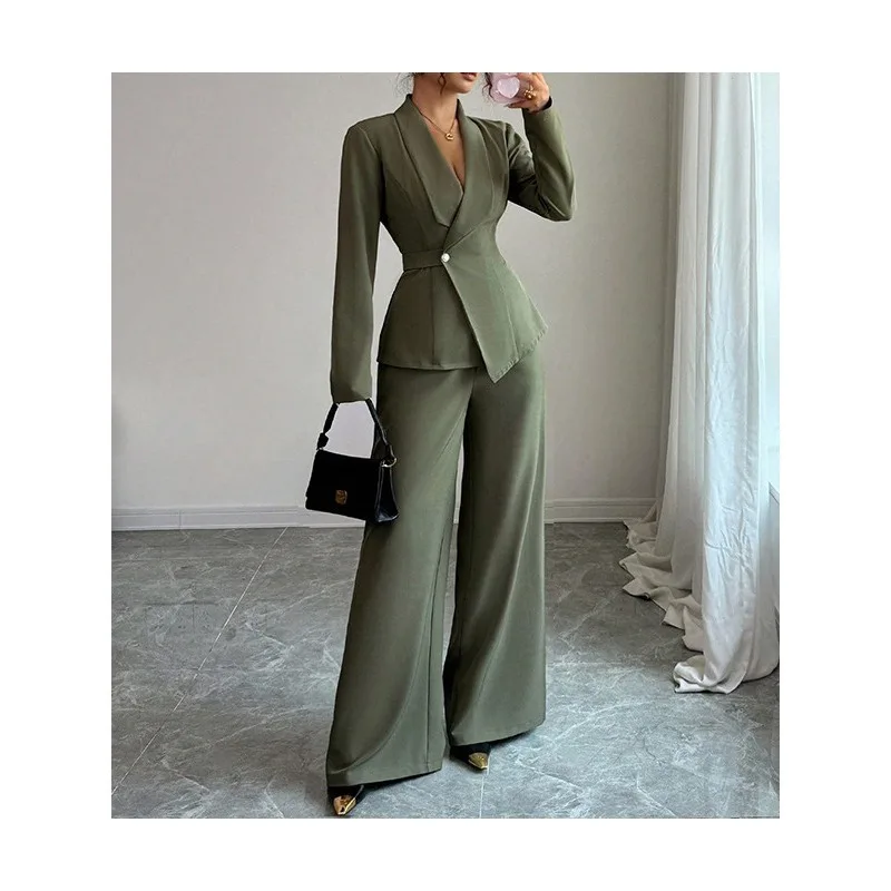 

Stylish Elegant Long-sleeved Suit Jacket Straight-leg Pants Two-piece Set Autumn Cross-border European and American Women's Set