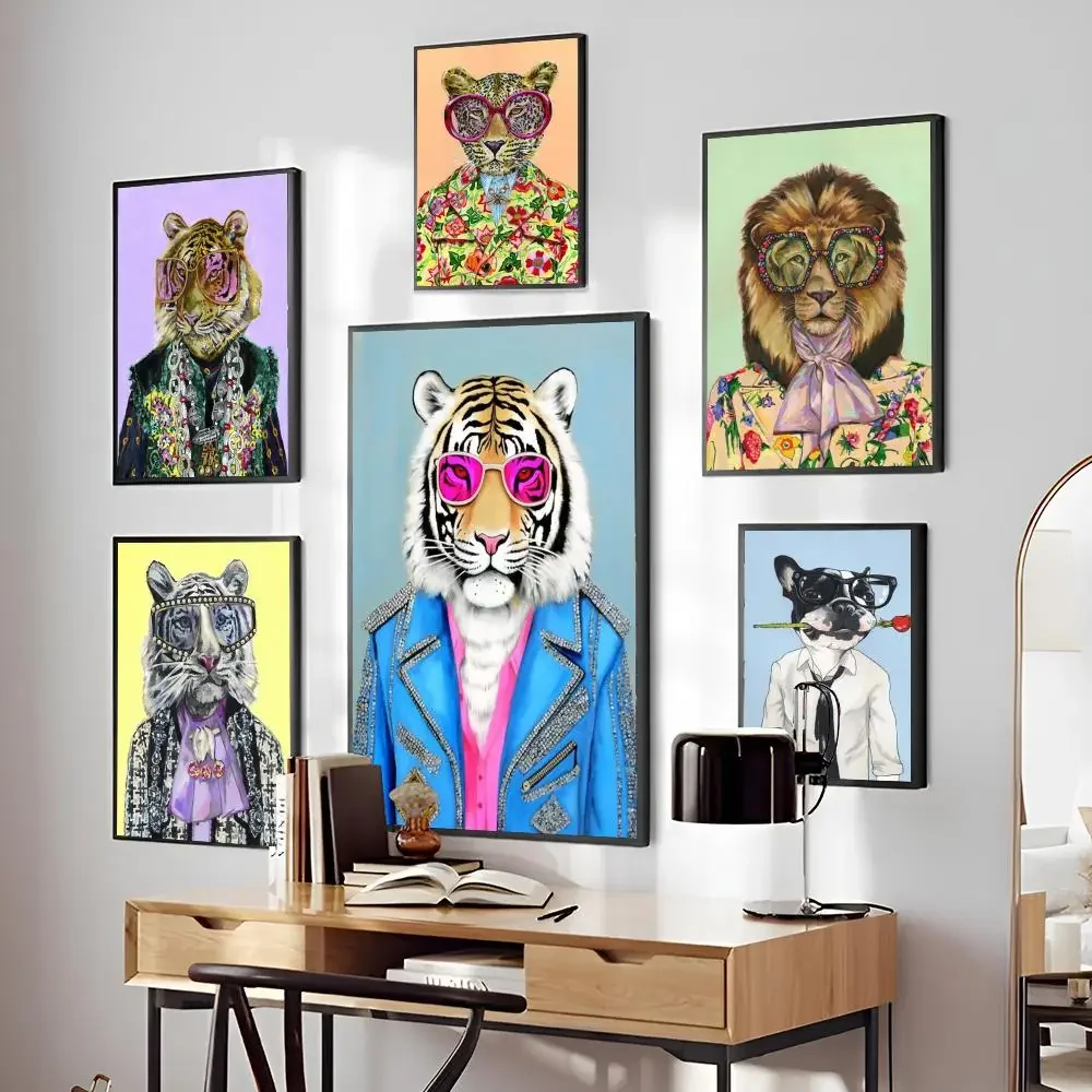 1PC Rich Pink Lion Animal Jewelry Cheetah With Glasses Print Poster Waterproof HD Sticker Bedroom Home Living Room Wall Decor