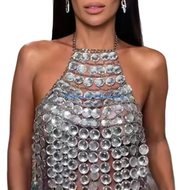

573B Multi Layered Acrylic Crystal Tassels Camisole Glittering Gemstones Halterneck Crop Top for Women Night Out Outfit