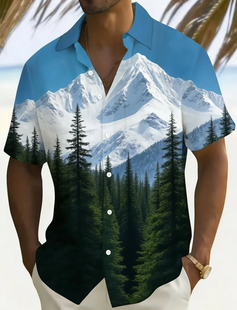Men's Casual Stylish Scenic Global Landscape Print Short Sleeve Shirt Casual Fashion For Summer Vacations And Travel Outings