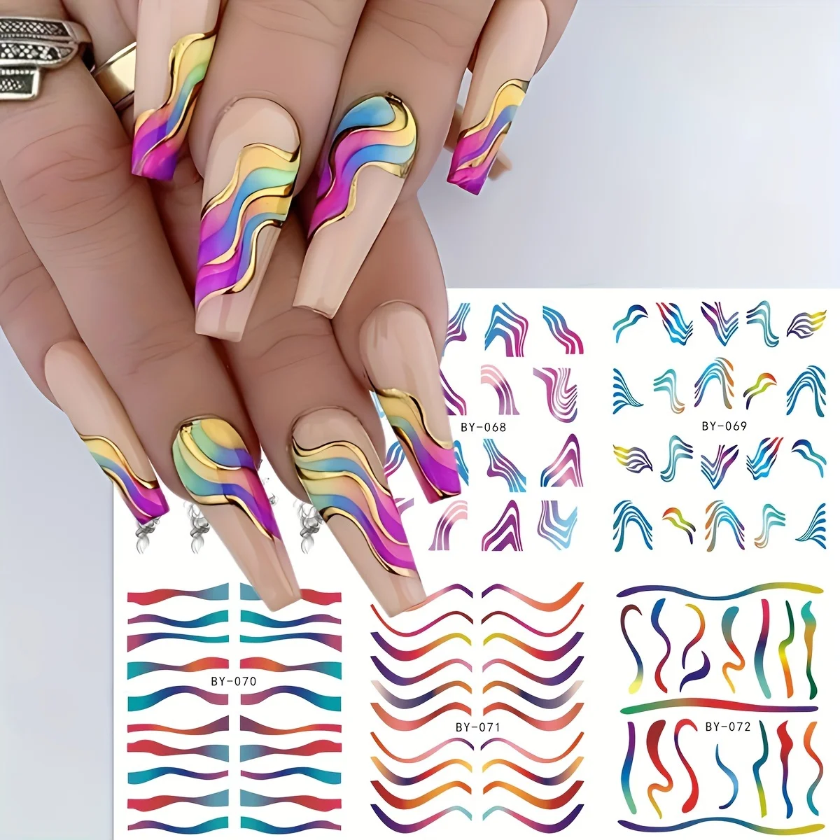 12 Design Rainbow Colorful Swirl Line Nail Sticker Water Decal Wave Graffiti Stripe French Nail Watermark Decals Nail Art Decor