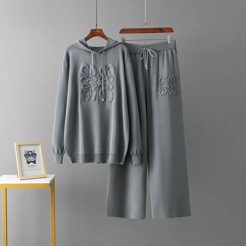 European Niche Knitted Suit Blue Embroidered Casual Two-piece Set Hooded Woolen Top Casual Pants