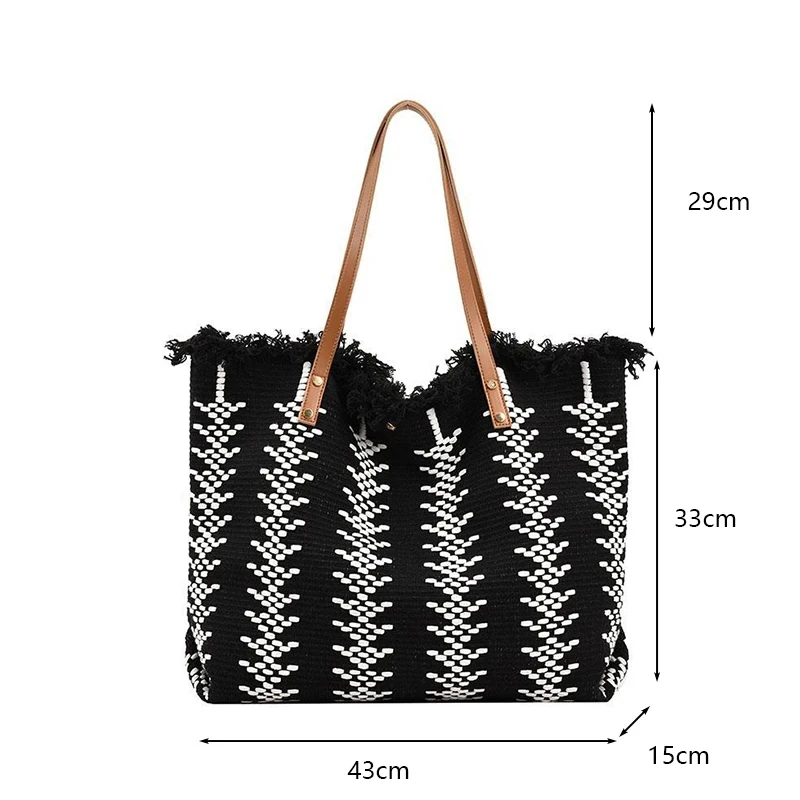 Casual Travel Stripe Design Shoulder Bag New Tassel Handbags Woven Canvas Bag Women\'s Large Capacity Tote Bag