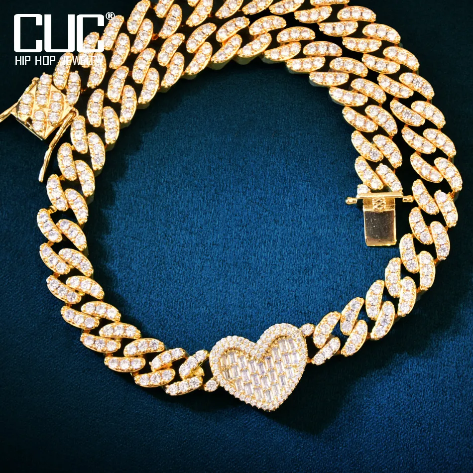 CUC Full Paved Heart Necklace 9mm Miami Cuban Chain Iced Out Bling Cubic Zirconia Link For Women Men HipHop Jewelry Gift