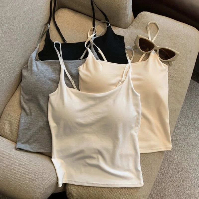 

New Simple Cotton Summer Sling Camisole Women Girls Crop Tops Sleeveless Shirt Lady Bra Tops Straps Skinny Camisole Look Thinner