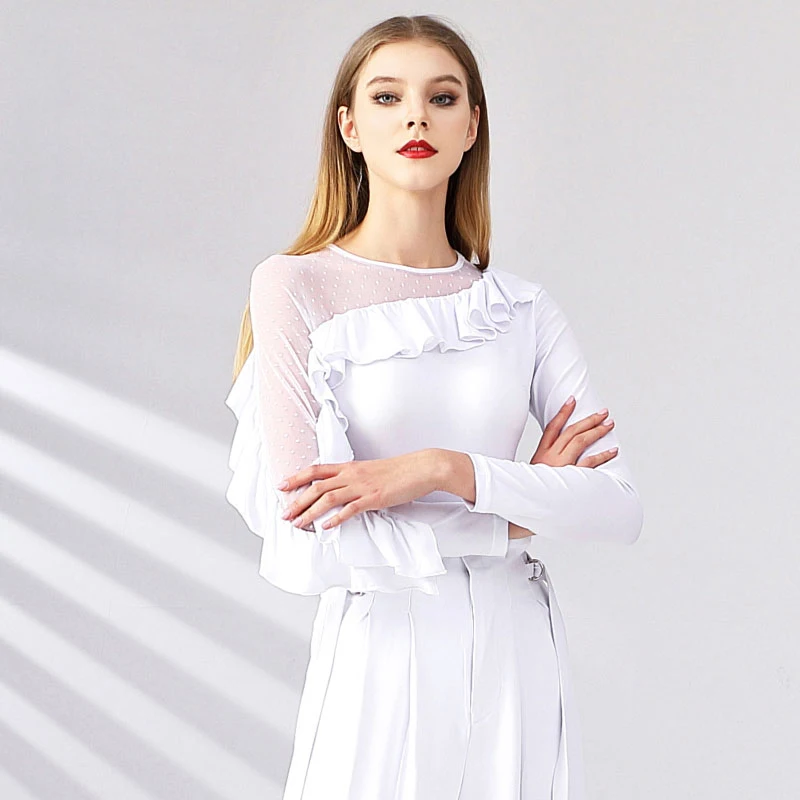 White Latin Dance Tops Ballroom Practice Clothes Long Sleeve Women Performance Waltz Tango Rumba Chacha Wear Modern Blouse Shirt